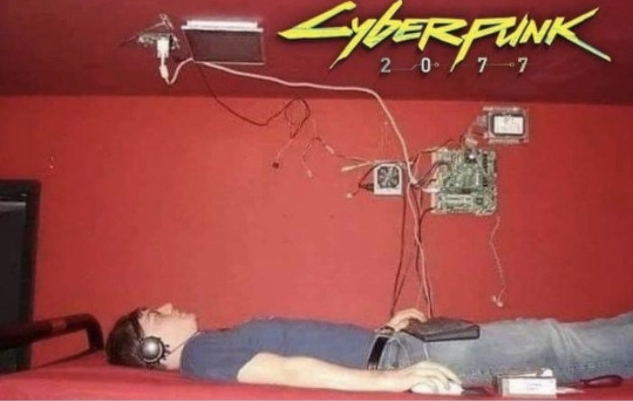 cyberpunk 2077 - computer mounted on ceiling with parts stuck to the wall