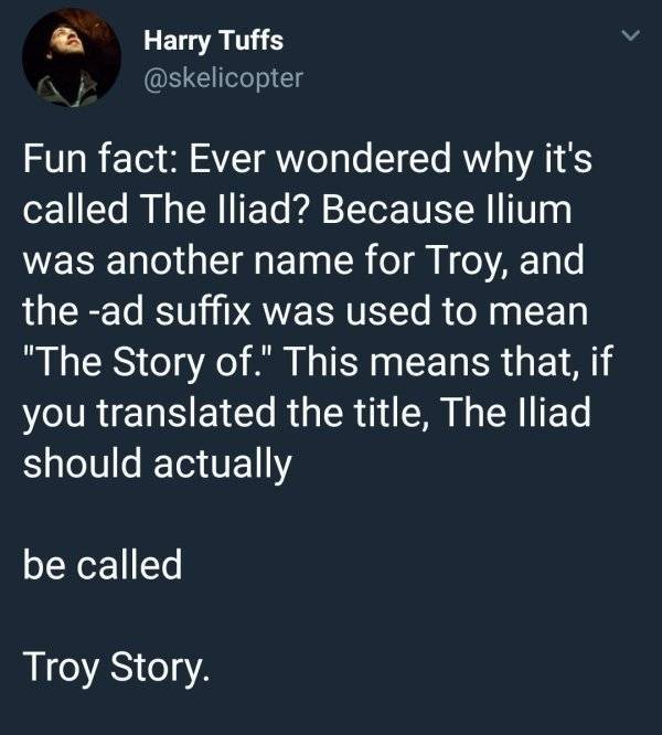 quotes - Harry Tuffs Fun fact Ever wondered why it's called The Iliad? Because Ilium was another name for Troy, and the ad suffix was used to mean "The Story of." This means that, if you translated the title, The Iliad should actually be called Troy Story