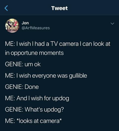 atmosphere - Tweet Jon Me I wish I had a Tv camera I can look at in opportune moments Genie um ok Me I wish everyone was gullible Genie Done Me And I wish for updog Genie What's updog? Me looks at camera