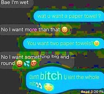 bitch u want the whole roll - Bae I'm wet wat u want a paper towel ? No I want more than that You want two paper towels? No I want something big and round Damn bitch uwant the whole roll Read