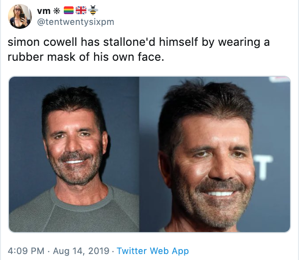 Simon Cowell - vm simon cowell has stallone'd himself by wearing a rubber mask of his own face. . Twitter Web App