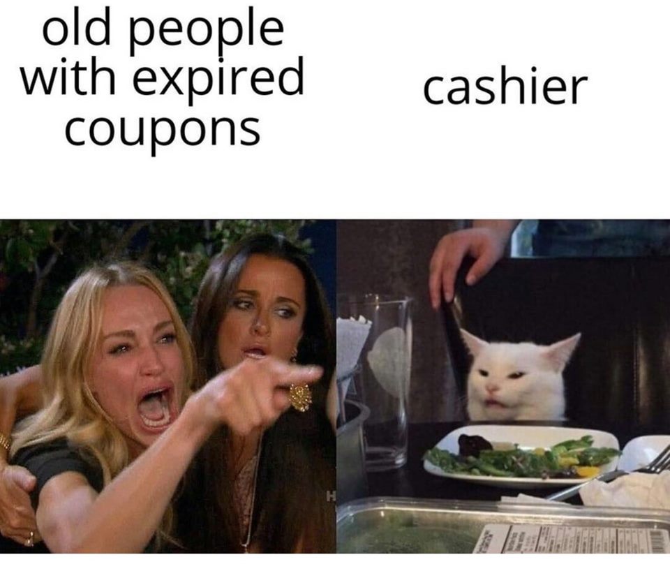 video games cause violence meme - old people with expired coupons cashier
