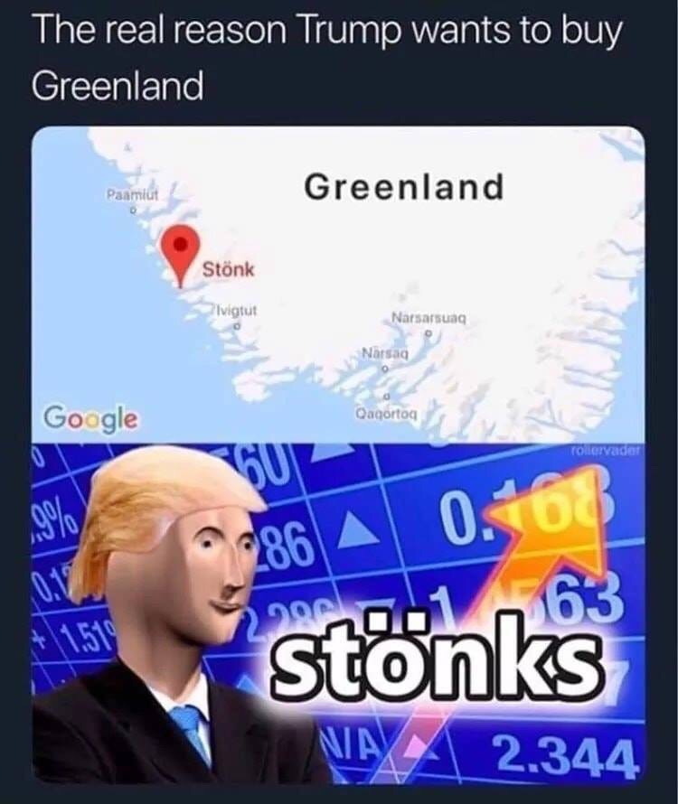 stonks memes - The real reason Trump wants to buy Greenland Greenland Paamiut Stnk Ivigtut Narsarsuaq Narsaq Google Qaqortog Tolervador a 286 A 0. 1.519 stnks 2.344