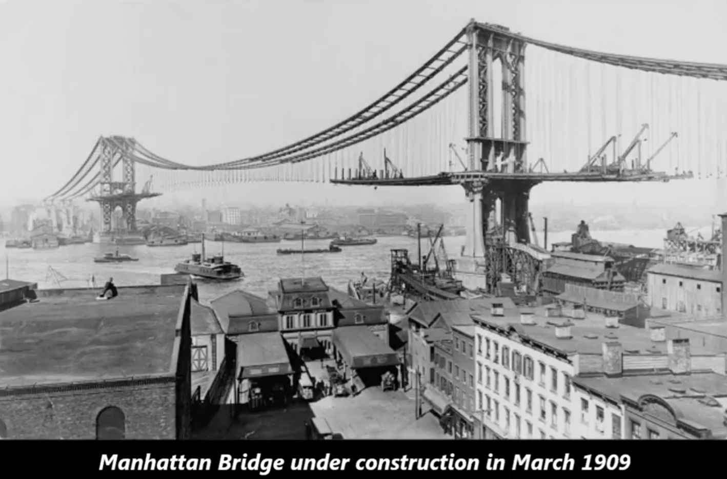 brooklyn bridge construction - L Manhattan Bridge under construction in