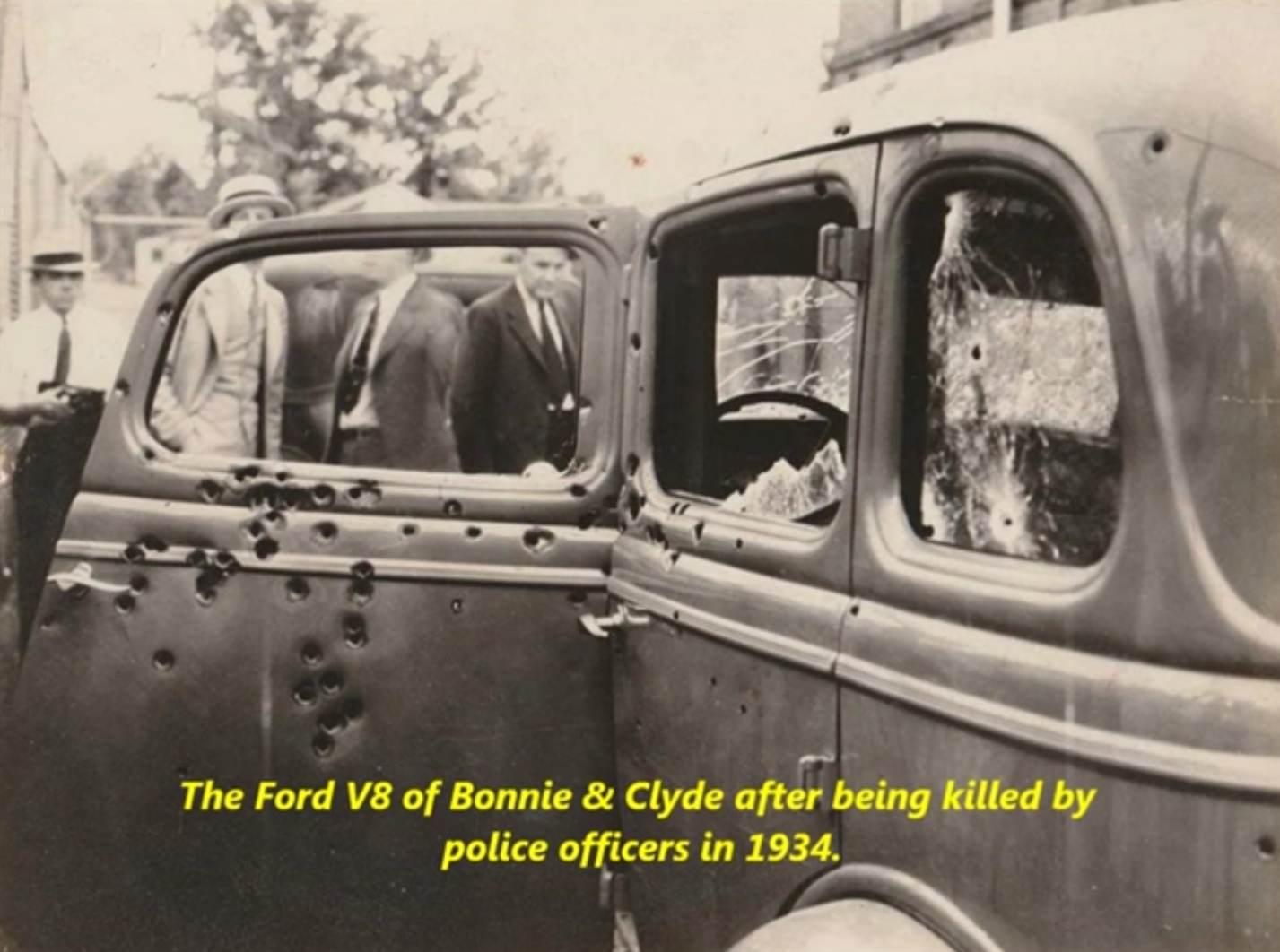 The Ford V8 of Bonnie & Clyde after being killed by police officers in 1934.