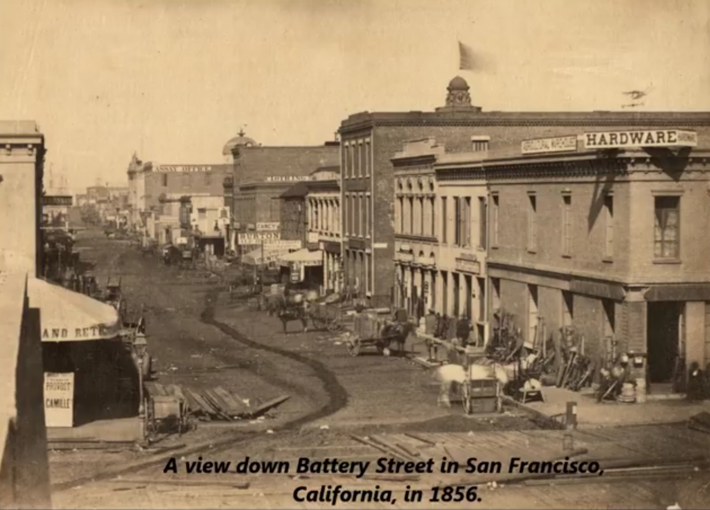 san francisco 1850 - Die Hardware Se And Rei Civile A view.down Battery Street in San Francisco, California, in 1856.