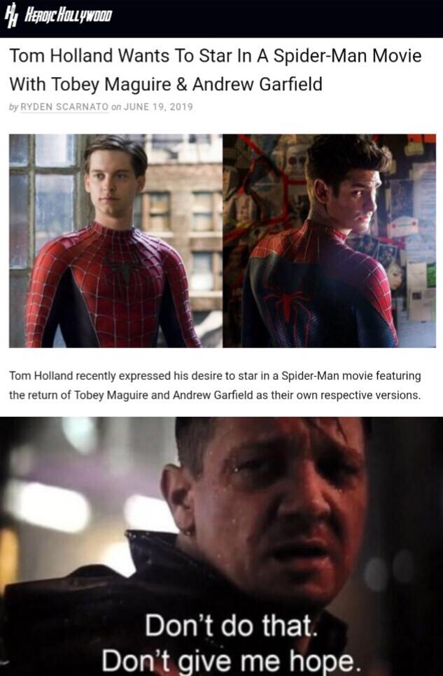 don t do that don t give me hope - Heroje Hollywood Tom Holland Wants To Star In A SpiderMan Movie With Tobey Maguire & Andrew Garfield by Ryden Scarnato On Tom Holland recently expressed his desire to star in a SpiderMan movie featuring the return of Tob
