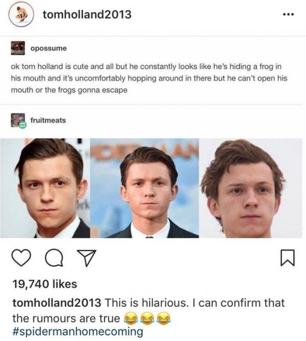 tom holland frog meme - tomholland 2013 opossume ok tom holland is cute and all but he constantly looks he's hiding a frog in his mouth and it's uncomfortably hopping around in there but he can't open his mouth or the frogs gonna escape fruitmeats a o 19,