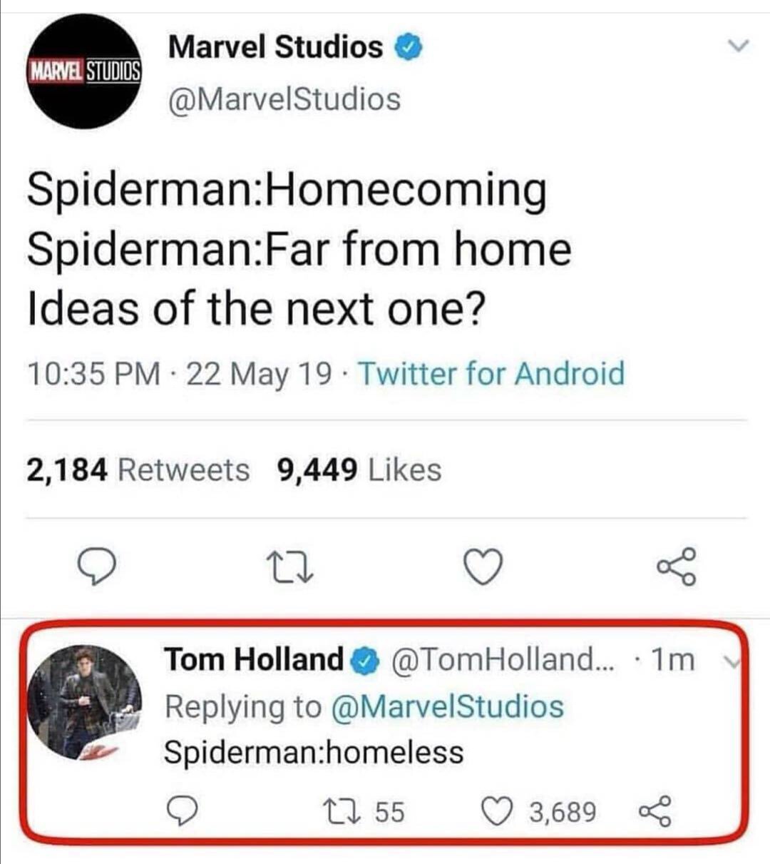 Marvel Studios Marvel Studios Studios SpidermanHomecoming SpidermanFar from home Ideas of the next one? 22 May 19. Twitter for Android 2,184 9,449 Tom Holland Holland... 1m Spidermanhomeless 55 3,689 38