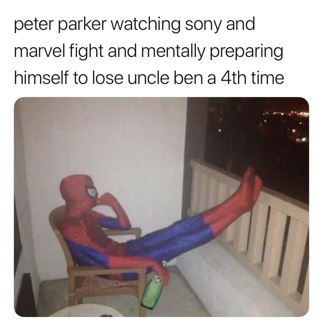 unlovable meme - peter parker watching sony and marvel fight and mentally preparing himself to lose uncle ben a 4th time