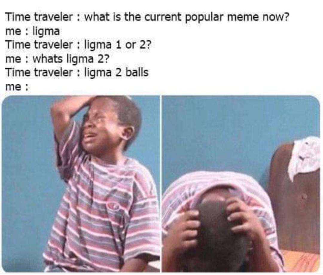 time traveler memes - Time traveler what is the current popular meme now? me ligma Time traveler ligma 1 or 2? me whats ligma 2? Time traveler ligma 2 balls me