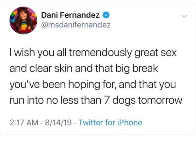 Dani Fernandez I wish you all tremendously great sex and clear skin and that big break you've been hoping for, and that you run into no less than 7 dogs tomorrow 81419 Twitter for iPhone