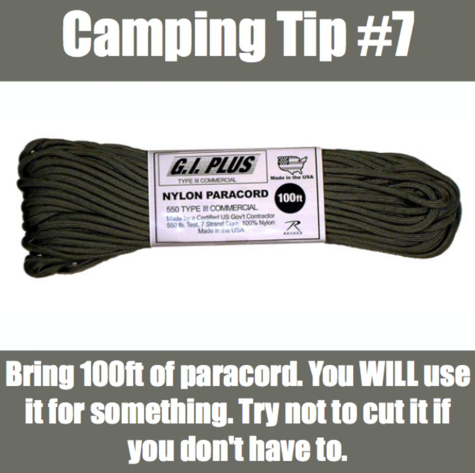 rope - Camping Tip Gi. Plus Nylon Paracord 100 550 Type Commercial Usg S2 Bring 100ft of paracord. You Will use it for something. Try not to cut it if you don't have to.
