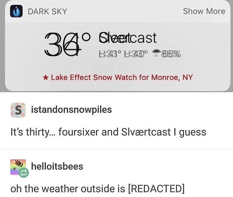 multimedia - Dark Sky Show More 2A0 Sleetcast H33 786% Lake Effect Snow Watch for Monroe, Ny S istandonsnowpiles It's thirty... foursixer and Slvrtcast I guess helloitsbees oh the weather outside is Redacted