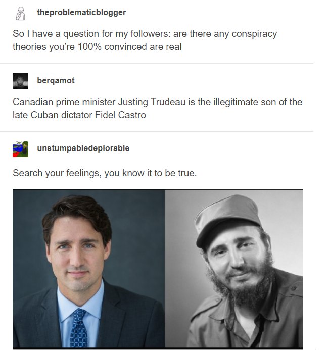So I have a question for my followers are there any conspiracy theories you're 100% convinced are real Canadian prime minister Justing Trudeau is the illegitimate son of the late Cuban dictator Fidel Castro…