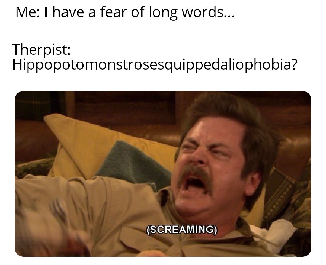 ron swanson screaming meme - Me I have a fear of long words... Therpist Hippopotomonstrosesquippedaliophobia? Screaming