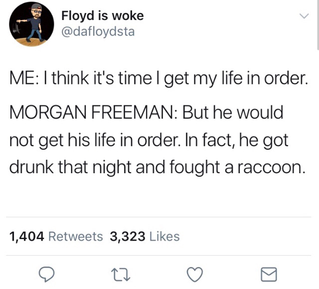 Floyd is woke Me I think it's time I get my life in order. Morgan Freeman But he would not get his life in order. In fact, he got drunk that night and fought a raccoon. 1,404 3,323