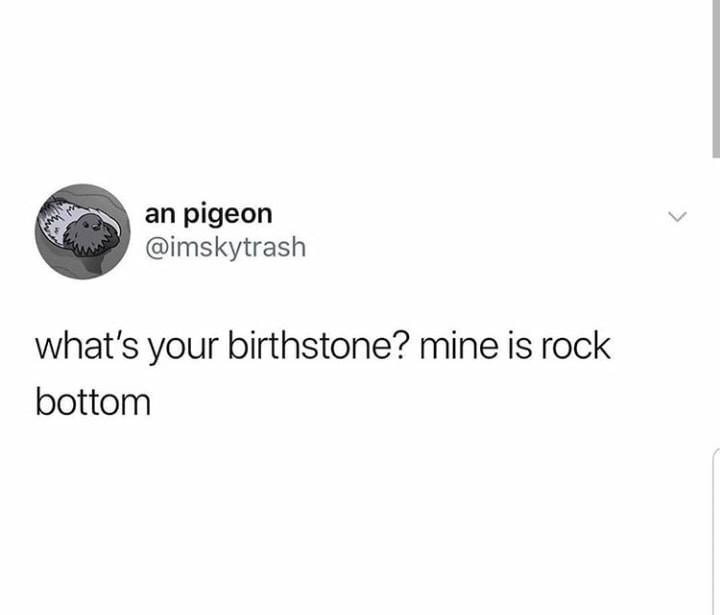 an pigeon what's your birthstone? mine is rock bottom
