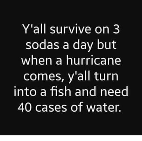 Hurricane Dorian Florida meme - y all survive on 3 sodas a day - Y'all survive on 3 sodas a day but when a hurricane comes, y'all turn into a fish and need 40 cases of water.