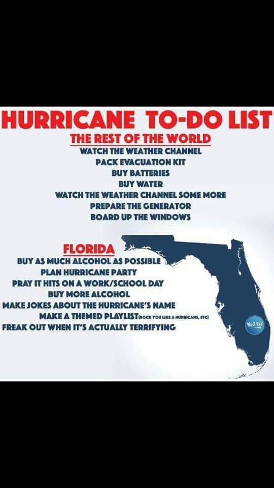 Hurricane Dorian Florida meme - hurricane meme funny - Hurricane ToDo List The Rest Of The World Watch The Weather Channel Pack Evacuation Kit Buy Batteries Buy Water Watch The Weather Channel Some More Prepare The Generator Board Up The Windows Florida B