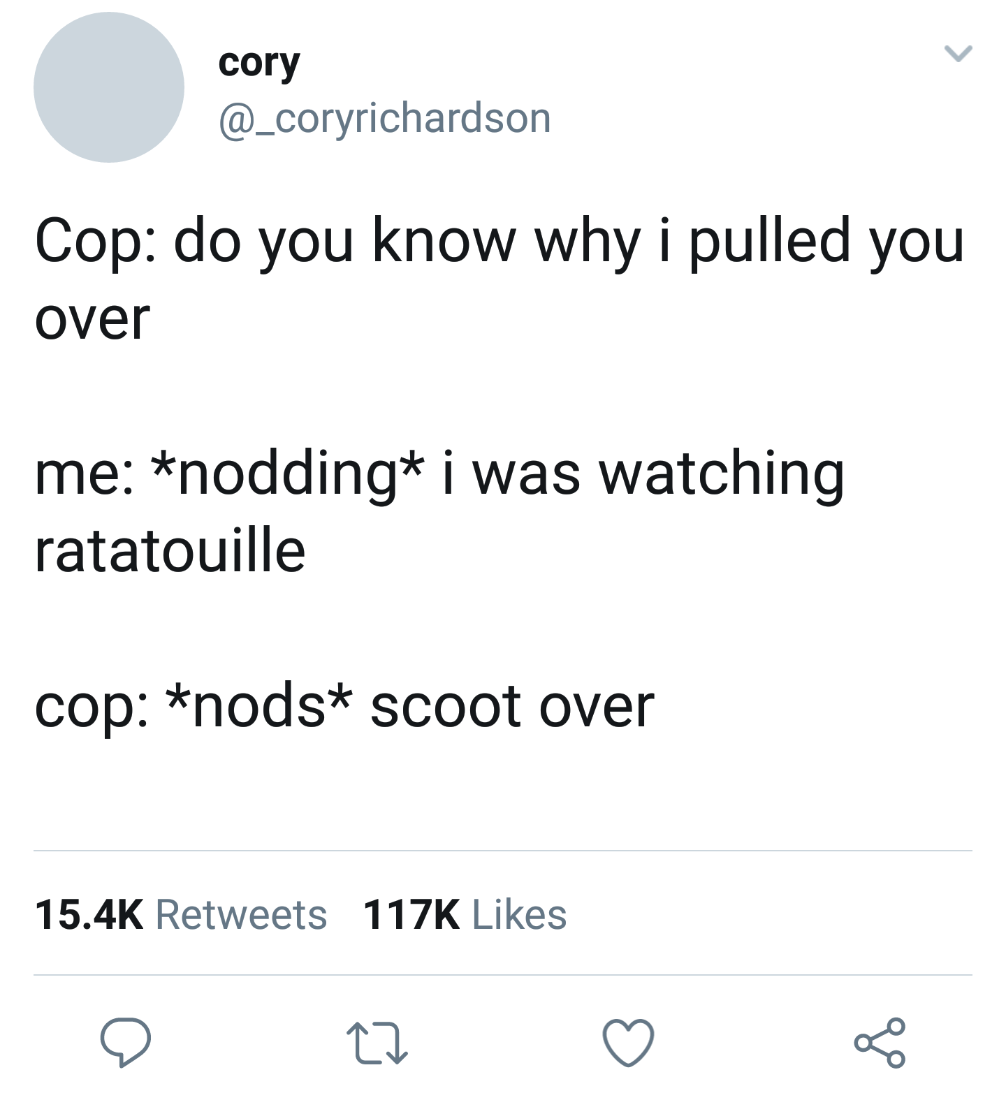angle - cory Cop do you know why i pulled you over me nodding i was watching ratatouille cop nods scoot over