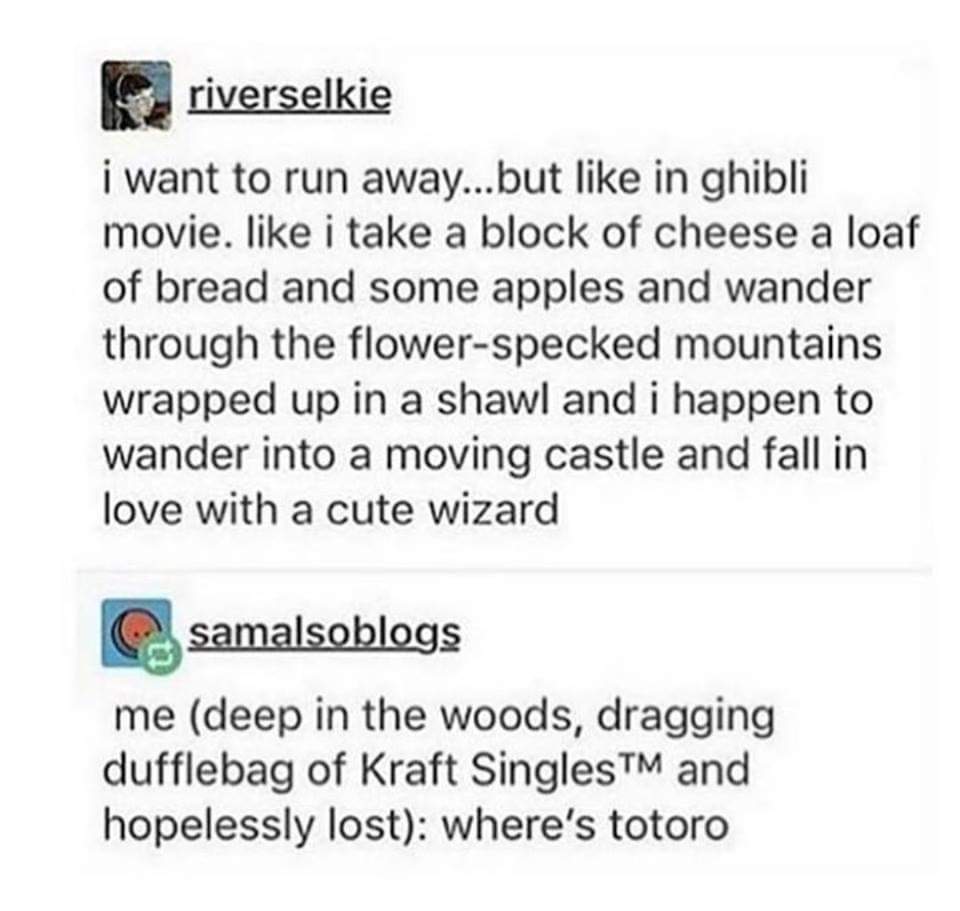 Studio Ghibli - riverselkie i want to run away...but in ghibli movie. i take a block of cheese a loaf of bread and some apples and wander through the flowerspecked mountains wrapped up in a shawl and i happen to wander into a moving castle and fall in lov