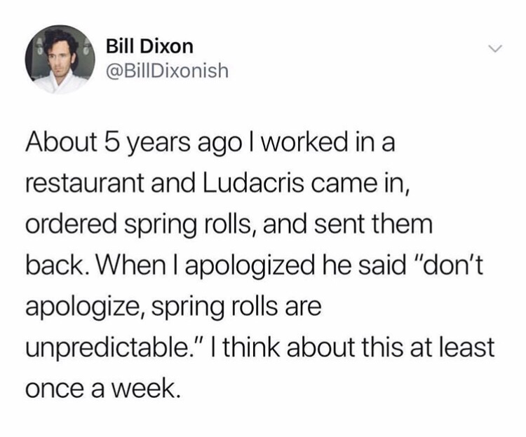 document - Bill Dixon About 5 years ago I worked in a restaurant and Ludacris came in, ordered spring rolls, and sent them back. When I apologized he said "don't apologize, spring rolls are unpredictable." I think about this at least once a week.