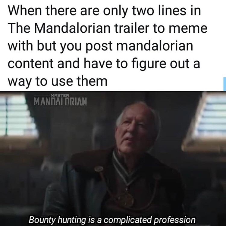 photo caption - When there are only two lines in The Mandalorian trailer to meme with but you post mandalorian content and have to figure out a way to use them Mandalorian Bounty hunting is a complicated profession