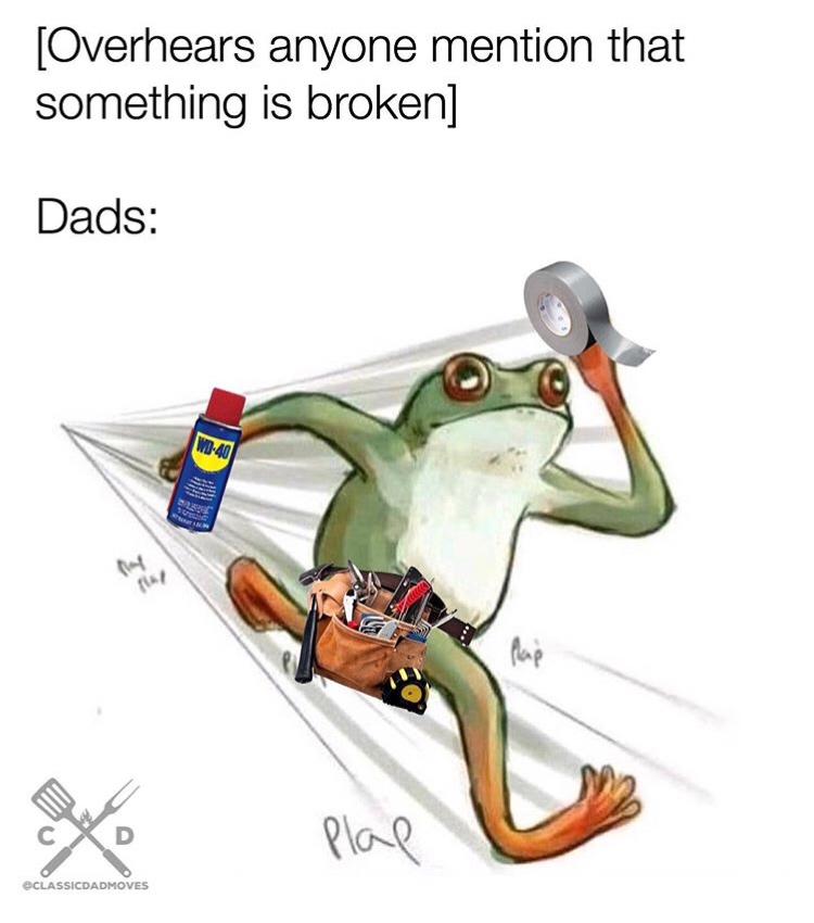 frog running - Overhears anyone mention that something is broken Dads plal Classicdadmoves