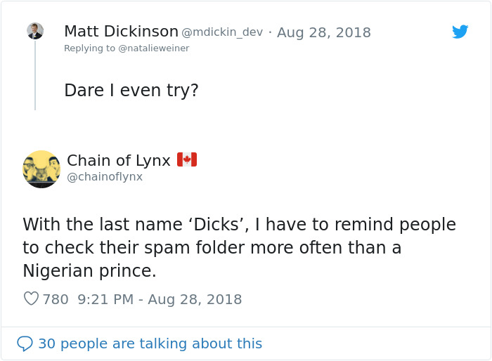 document - Matt Dickinson . Dare I even try? Chain of Lynx With the last name 'Dicks', I have to remind people to check their spam folder more often than a Nigerian prince. 780