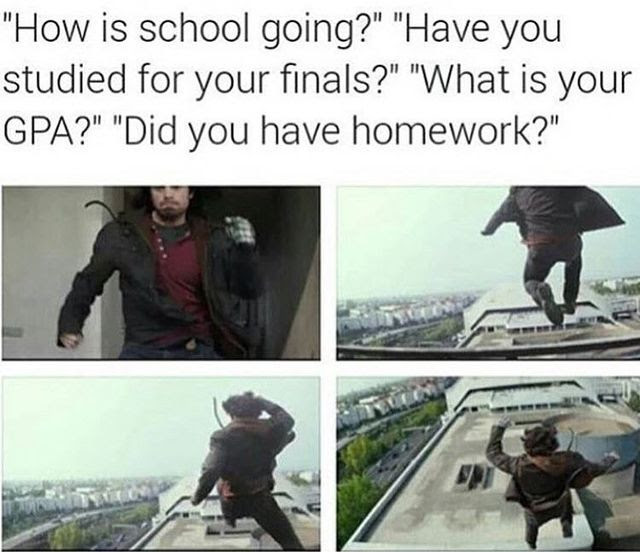 angolan civil war meme - "How is school going?" "Have you studied for your finals?" "What is your Gpa?" "Did you have homework?"