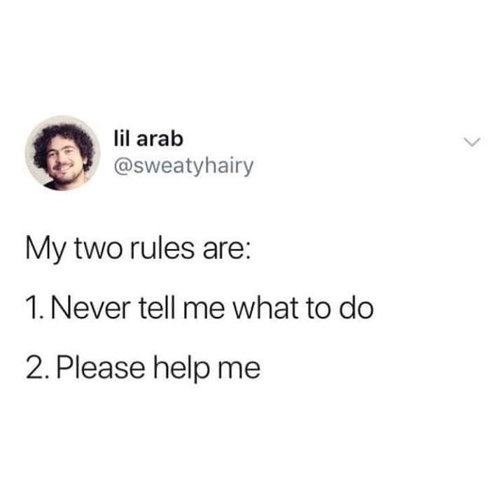 lil arab My two rules are 1. Never tell me what to do 2. Please help me
