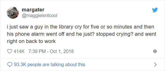 ilhan omar tweets - margater i just saw a guy in the library cry for five or so minutes and then his phone alarm went off and he just? stopped crying? and went right on back to work people are talking about this