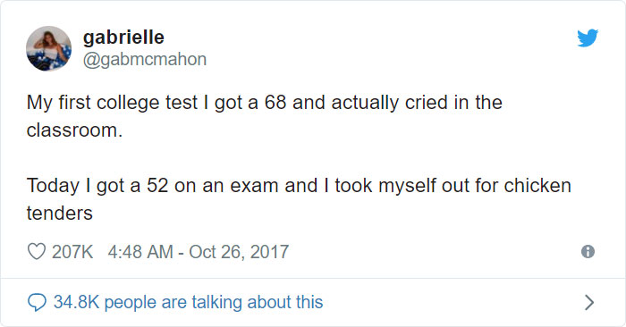 angle - gabrielle My first college test I got a 68 and actually cried in the classroom. Today I got a 52 on an exam and I took myself out for chicken tenders people are talking about this