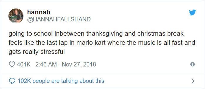 ilhan omar tweets - hannah going to school inbetween thanksgiving and christmas break feels the last lap in mario kart where the music is all fast and gets really stressful people are talking about this