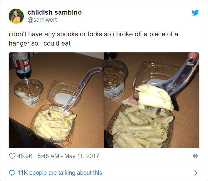 childish sambino - childish sambino i don't have any spooks or forks so i broke off a piece of a hanger so i could eat 11K people are talking about this