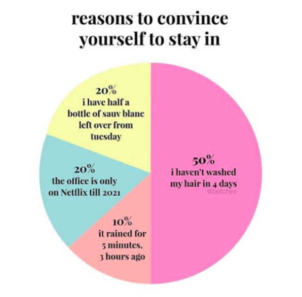 diagram - reasons to convince yourself to stay in 20% i have half a bottle of sauv blanc left over from tuesday 20% the office is only on Netflix till 2021 50% i haven't washed my hair in 4 days Ene 10% it rained for 5 minutes, 3 hours ago
