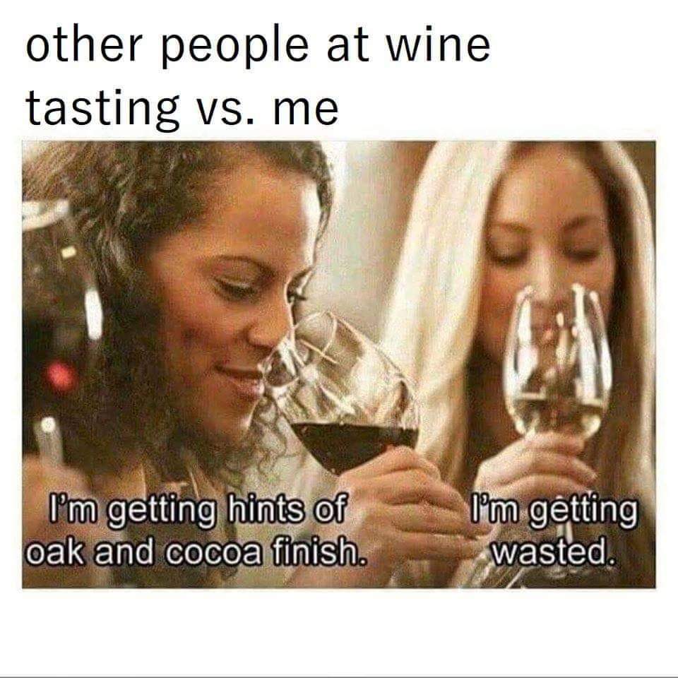 other people at wine tasting vs me - other people at wine tasting vs. me I'm getting hints of oak and cocoa finish. i'm getting wasted.