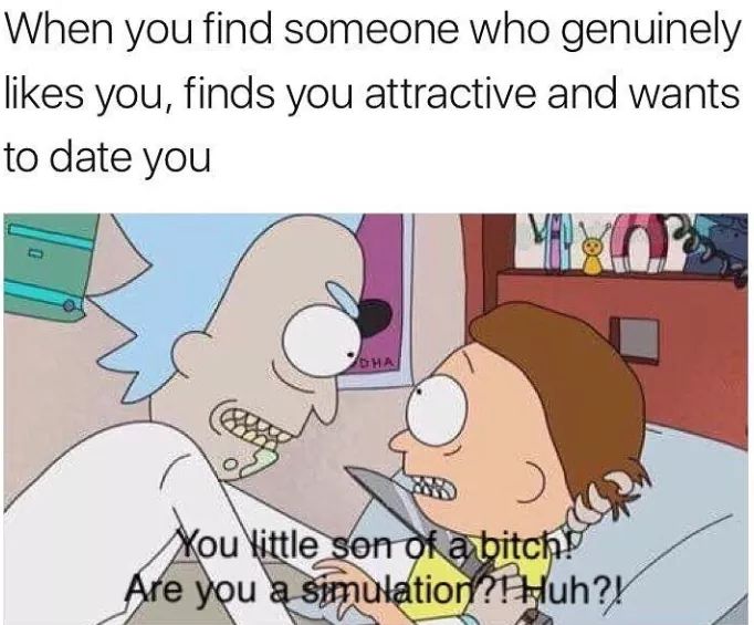 rick and morty simulation meme - When you find someone who genuinely you, finds you attractive and wants to date you You little son of a bitch Are you a simulation?! Huh?Y