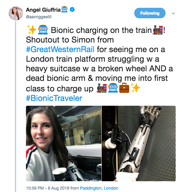 Train - Angel Giuffria ing Co Bionic charging on the train ! Shoutout to Simon from Rail for seeing me on a London train platform struggling wa heavy suitcase w a broken wheel And a dead bionic arm & moving me into first class to charge up A Traveler from