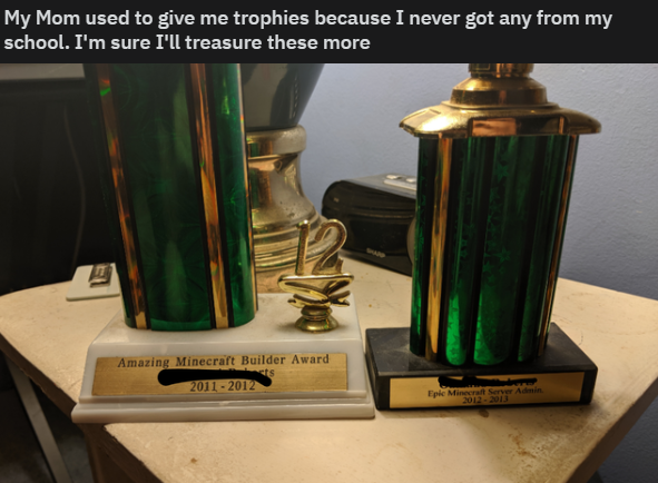 glass bottle - My Mom used to give me trophies because I never got any from my school. I'm sure I'll treasure these more Amazing Minecraft Builder Award 20112012 Ma