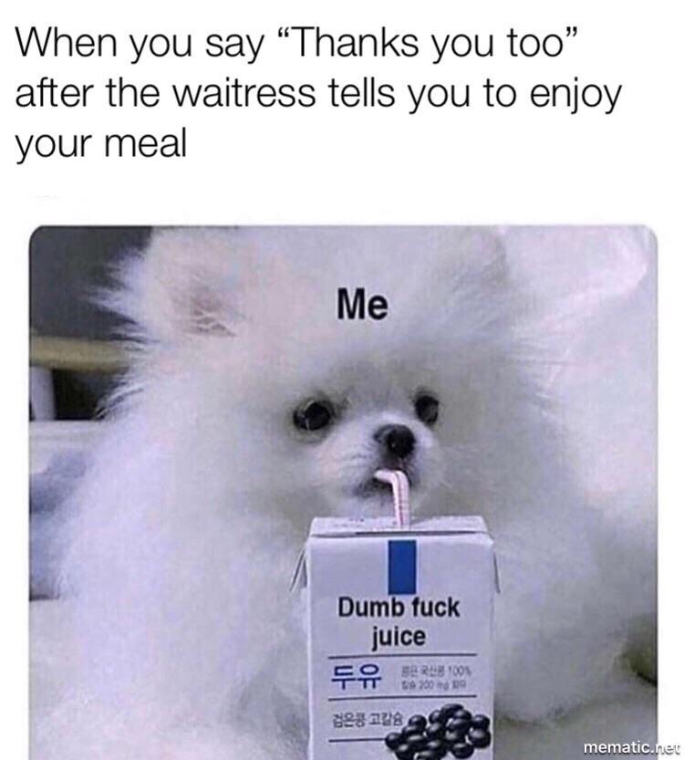 dumb fuck juice meme - When you say Thanks you too" after the waitress tells you to enjoy your meal Me Dumb fuck juice For a G mematic.net
