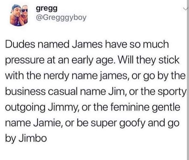 document - gregg Dudes named James have so much pressure at an early age. Will they stick with the nerdy name james, or go by the business casual name Jim, or the sporty outgoing Jimmy, or the feminine gentle name Jamie, or be super goofy and go by Jimbo