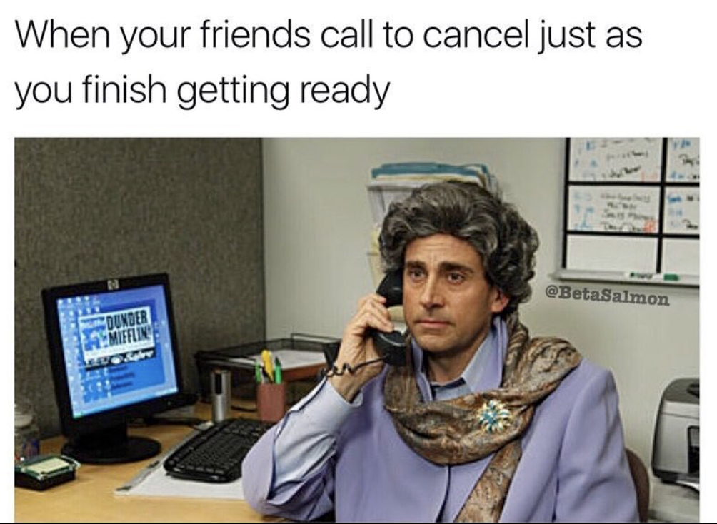 cancelled plans meme the office - When your friends call to cancel just as you finish getting ready Dunder A Meline
