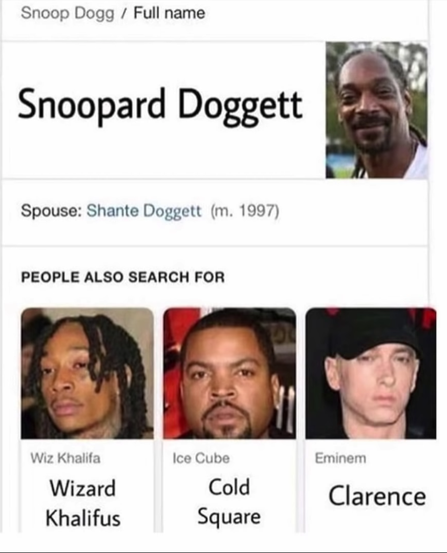 friday 13 - ice cube real name meme - Snoop Dogg Full name Snoopard Doggett Spouse Shante Doggett m. 1997 People Also Search For Eminem Wiz Khalifa Wizard Khalifus Ice Cube Cold Square Clarence
