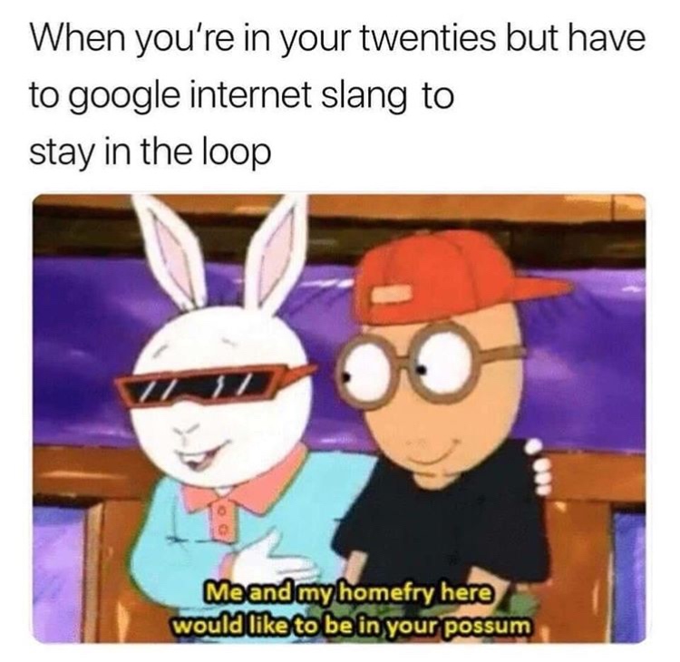 arthur friend meme - When you're in your twenties but have to google internet slang to stay in the loop Me and my homefry here would to be in your possum