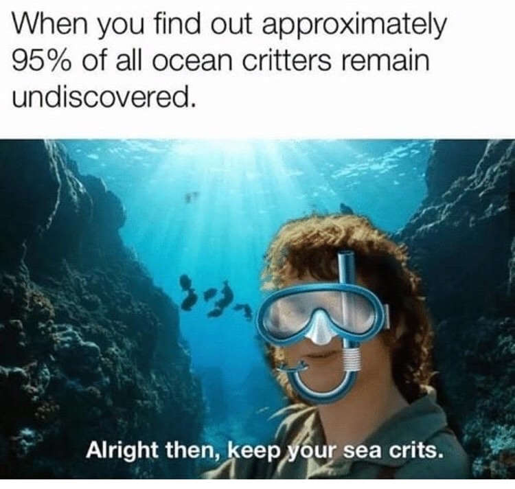 alright then keep your sea crits - When you find out approximately 95% of all ocean critters remain undiscovered. Alright then, keep your sea crits.