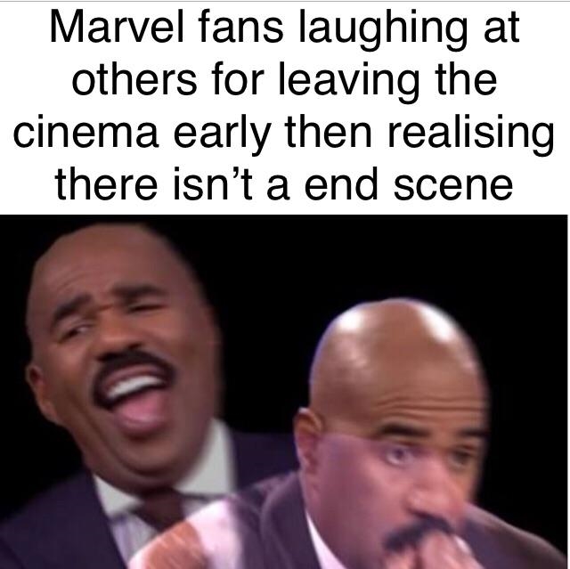 superhero meme - endgame memes - Marvel fans laughing at others for leaving the cinema early then realising there isn't a end scene