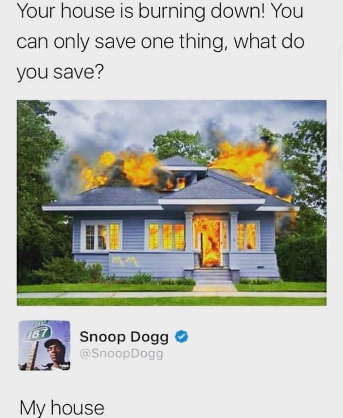 your house is burning down you can only save one thing - Your house is burning down! You can only save one thing, what do you save? 187 Snoop Dogg Dogg My house