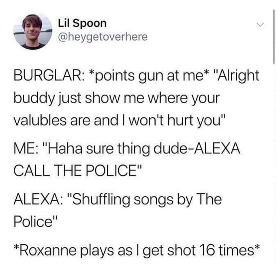 document - Lil Spoon Burglar points gun at me "Alright buddy just show me where your valubles are and I won't hurt you" Me "Haha sure thing dudeAlexa Call The Police" Alexa "Shuffling songs by The Police" Roxanne plays as I get shot 16 times